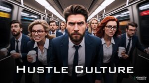 Professionals in business attire rushing through a subway with tense expressions, representing the stress and urgency of hustle culture.