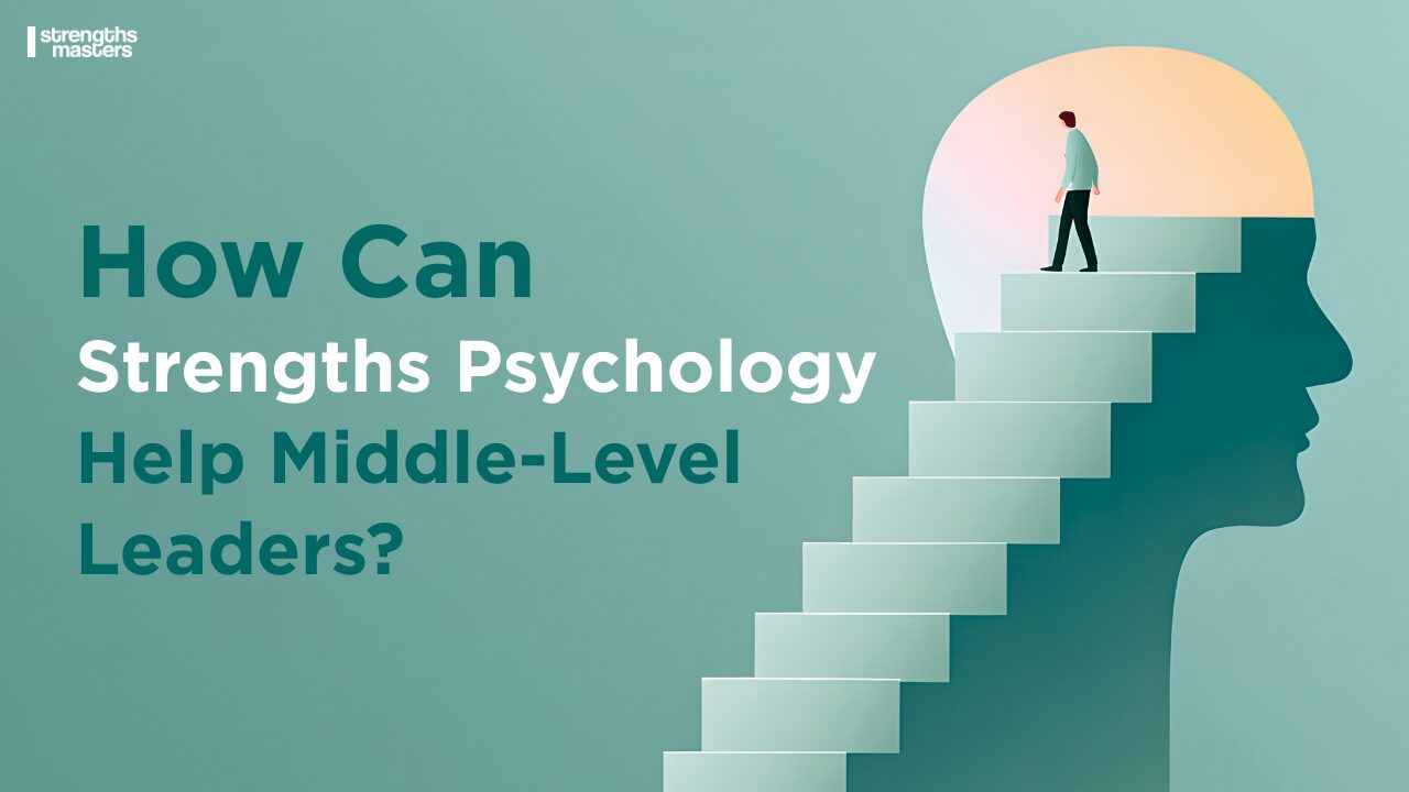 Illustration of a middle-level leader climbing steps inside a human head silhouette, symbolising growth through strengths psychology and leadership development.