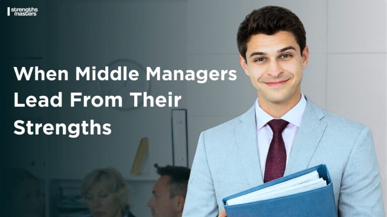 A middle manager in a grey suit holds a report file with visible pages, smiling calmly in an office setting with the text “When Middle Managers Lead From Their Strengths.”
