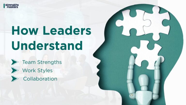 Illustration of a human head silhouette with puzzle pieces inside, symbolizing leadership thinking. Text reads “How Leaders Understand” with points on team strengths, work styles, and collaboration, branded by Strengths Masters.