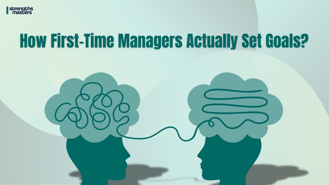 Illustration showing two heads with tangled vs clear thoughts connected, symbolizing how first-time managers set goals and bring clarity to teams.