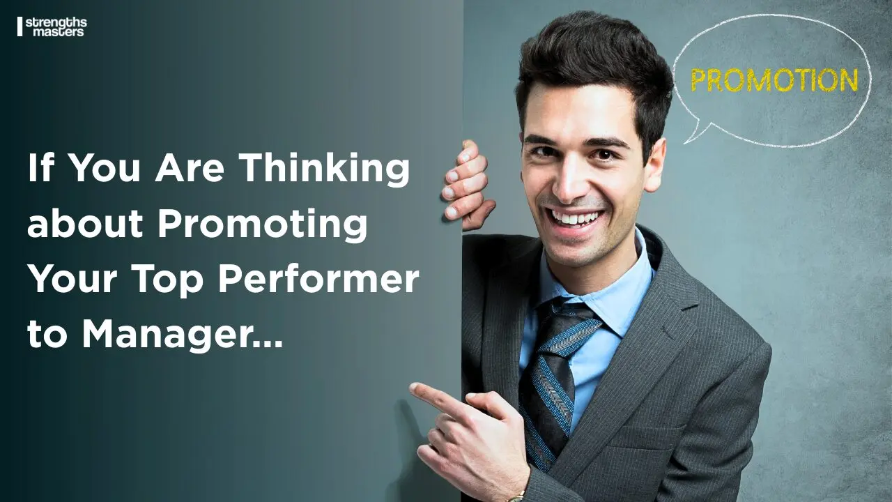 Top performer being promoted to manager concept banner showing a professional pointing at text about promotion and leadership transition in the workplace.