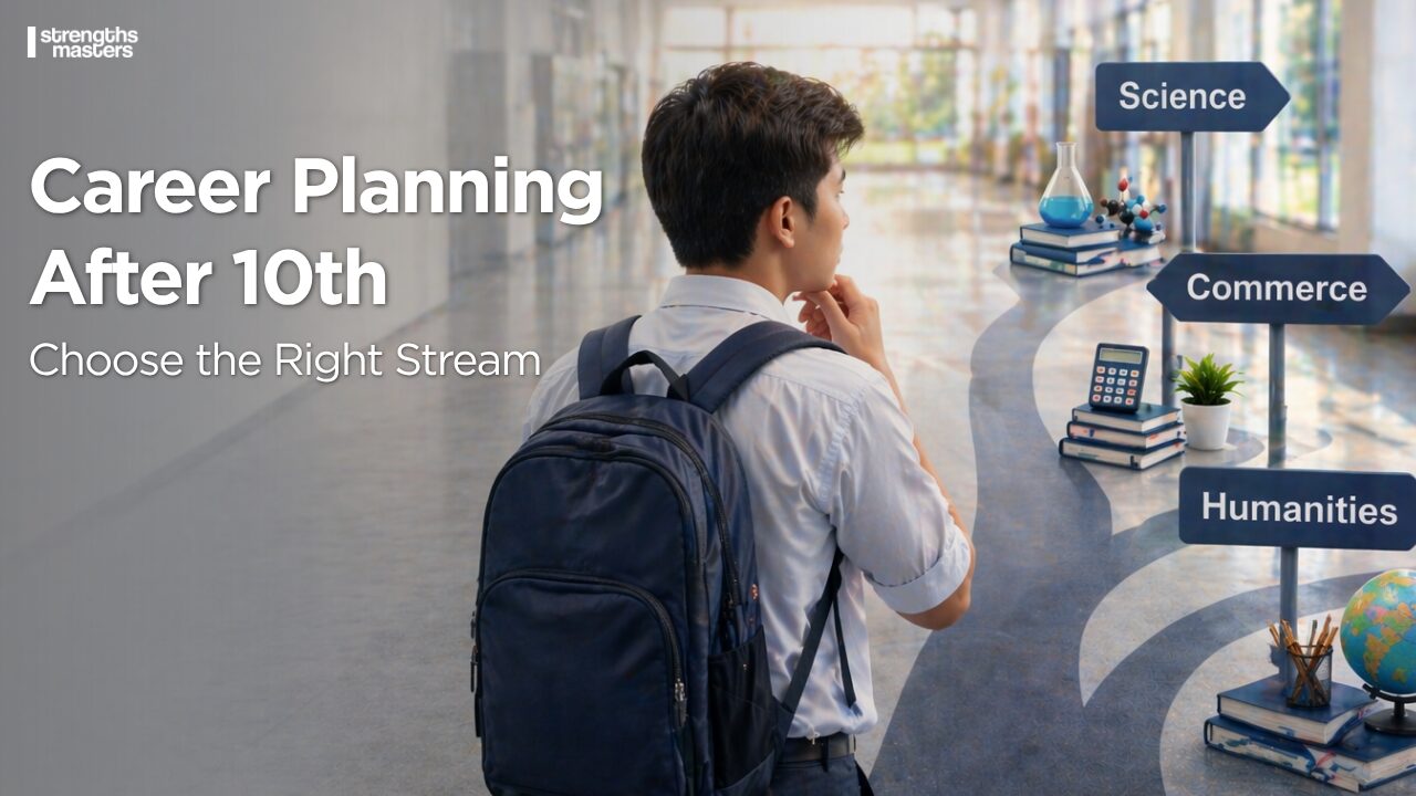 Student with backpack in school corridor choosing between Science, Commerce, and Humanities paths, representing career planning after 10th.