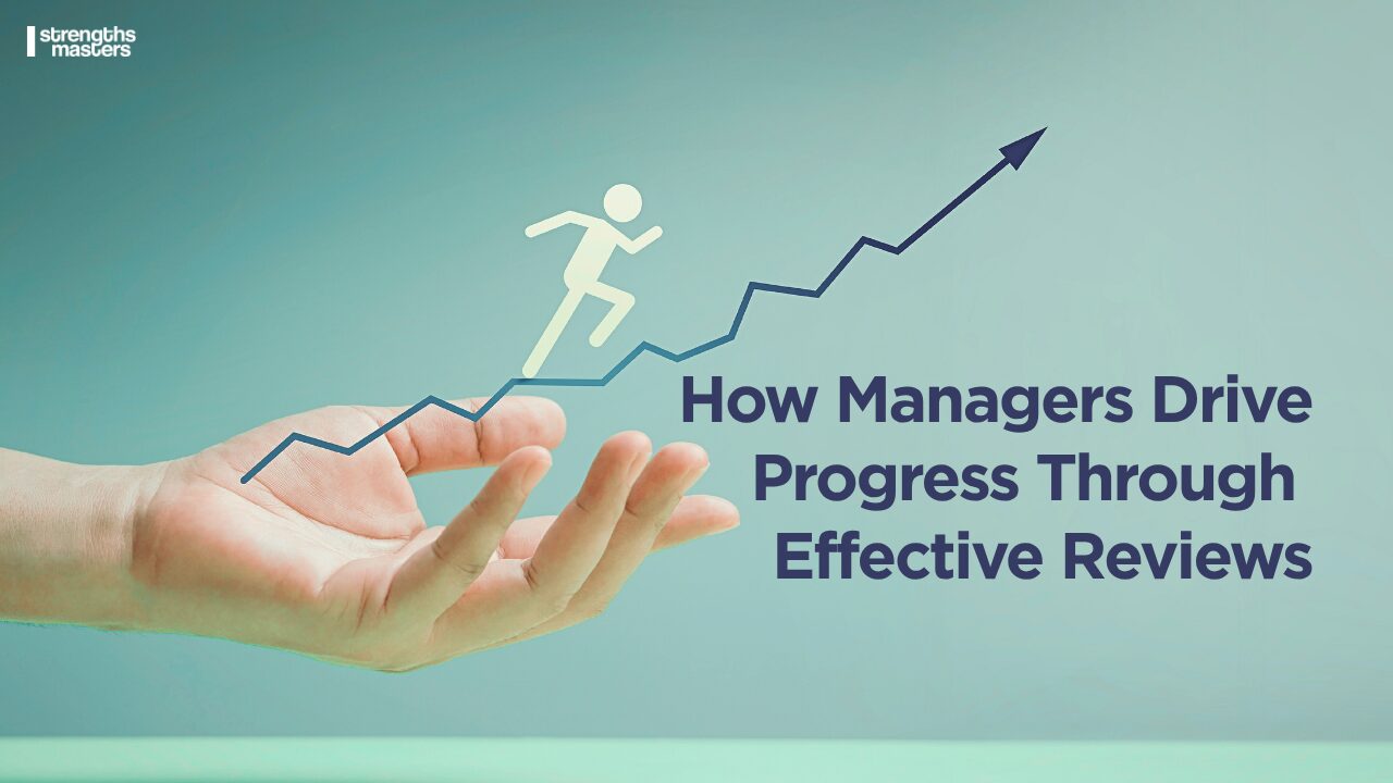 Manager reviewing progress with rising growth chart, symbolizing performance tracking, accountability, and effective team reviews driving results.