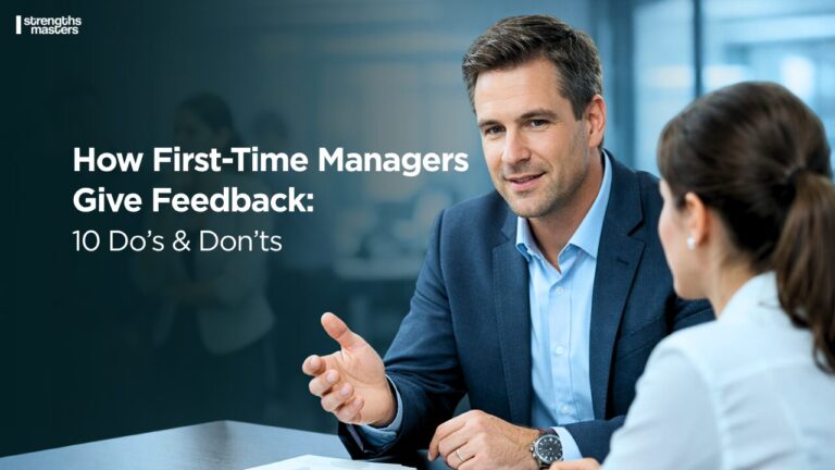 Manager giving structured feedback to employee in office, with “How First-Time Managers Give Feedback: 10 Do’s & Don’ts” text overlay on banner