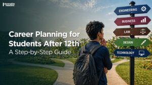 Student with backpack at a career crossroads looking at signposts for engineering, business, law, design, and technology paths after 12th