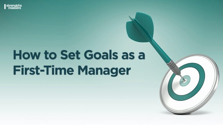 Goal-setting banner with dart hitting target and text “How to Set Goals as a First-Time Manager,” symbolizing focus, clarity, and leadership direction.