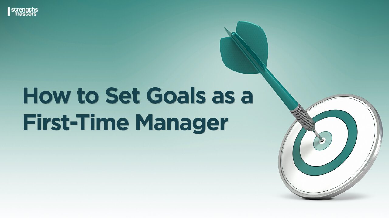 Goal-setting banner with dart hitting target and text “How to Set Goals as a First-Time Manager,” symbolizing focus, clarity, and leadership direction.