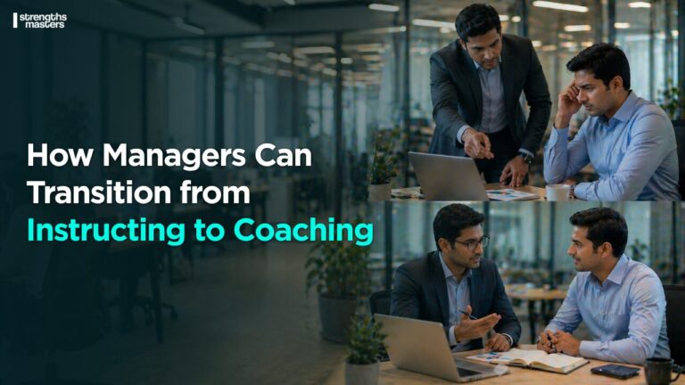 Manager instructing stressed employee vs collaborative coaching discussion in modern office, showing transition from directive to supportive leadership style.