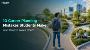 Student at a career crossroads choosing between paths like tech, business, creative, and people-focused roles, highlighting career planning confusion and decisions