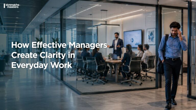 Modern office meeting room where a manager presents to a team while a confused employee exits, representing workplace clarity and communication challenges.