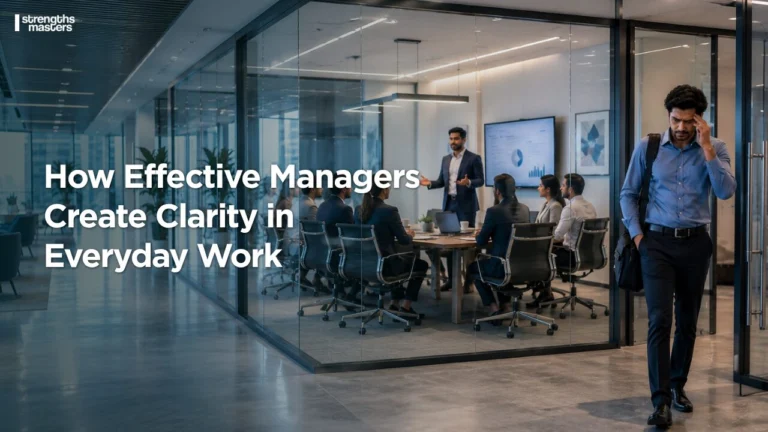 Modern office meeting room where a manager presents to a team while a confused employee exits, representing workplace clarity and communication challenges.