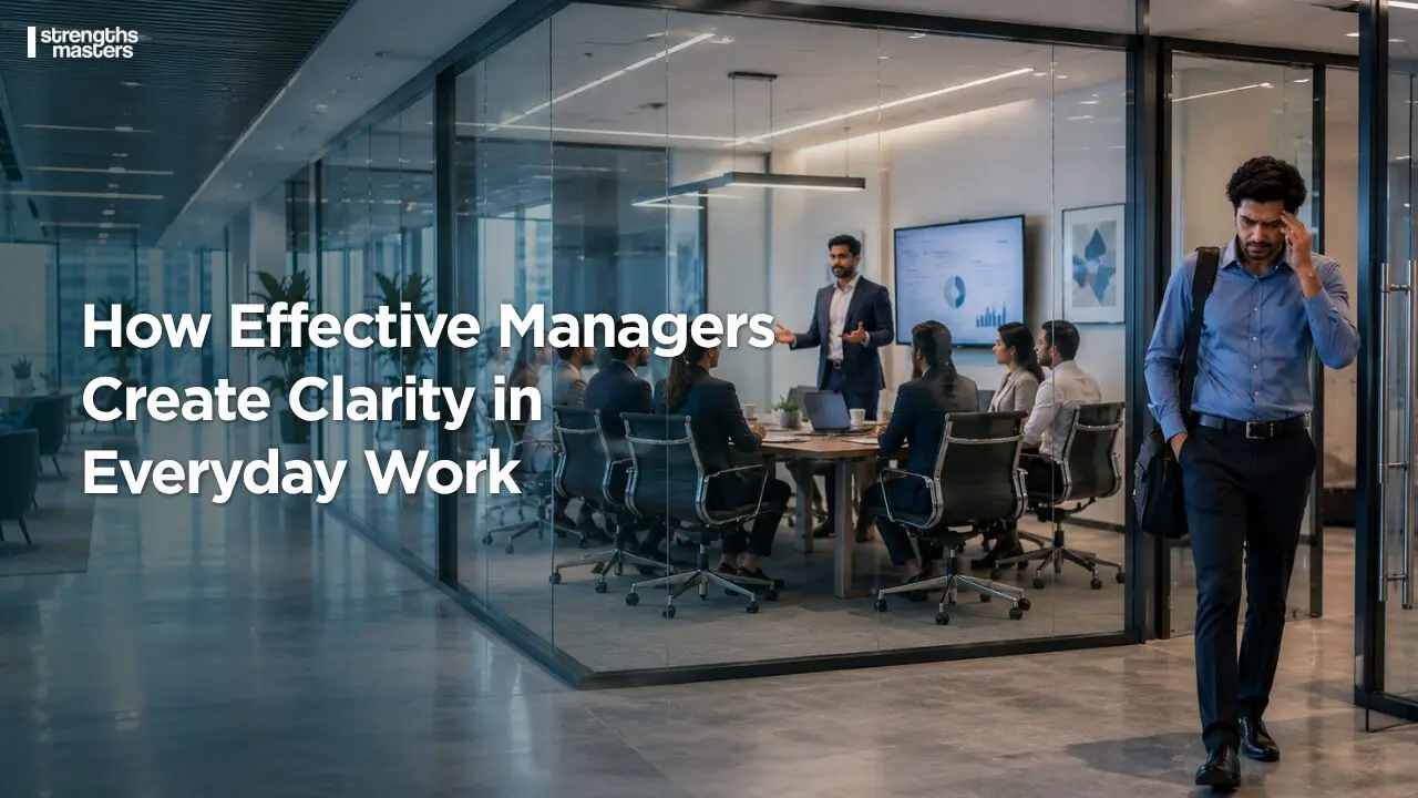 Modern office meeting room where a manager presents to a team while a confused employee exits, representing workplace clarity and communication challenges.