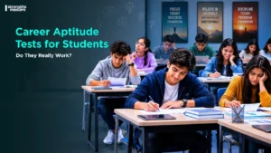 Students taking a career aptitude test in a modern classroom, showing mixed emotions like confidence, confusion, and stress.