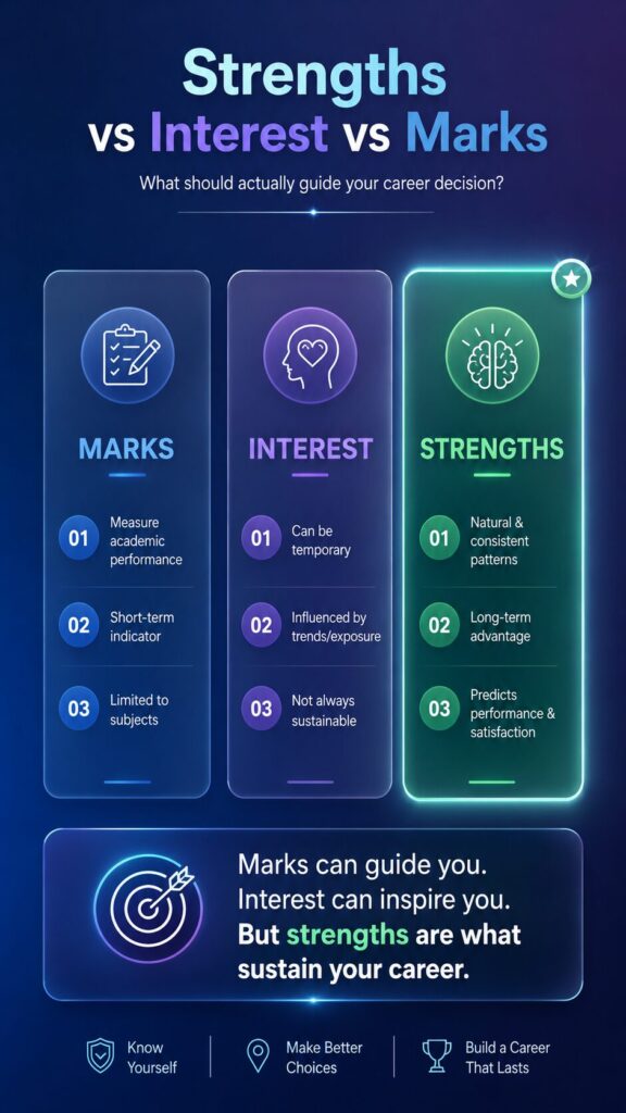 Comparison of strengths, interest, and marks showing why strengths lead to long-term career success and better decision making.