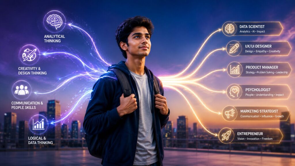 Student’s strengths visualized as pathways leading to careers like data science, design, psychology, and entrepreneurship.