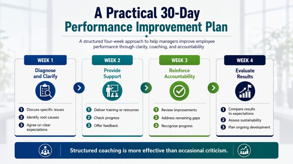 Infographic outlining a practical 30-day performance improvement plan with four weekly steps: diagnose, support, reinforce accountability, and evaluate results.