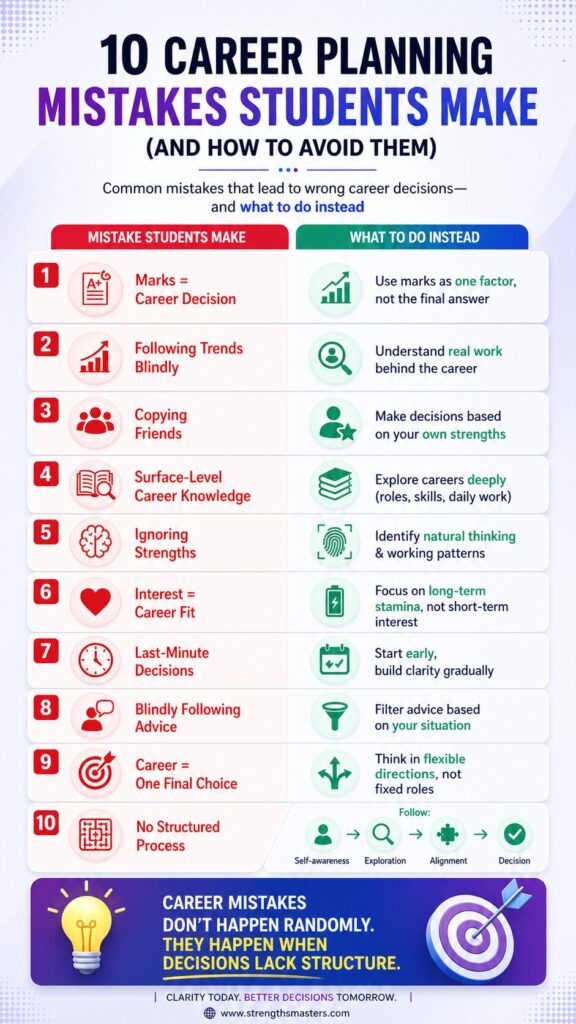 Infographic showing 10 career planning mistakes students make and practical solutions, highlighting structured decision-making for better career clarity
