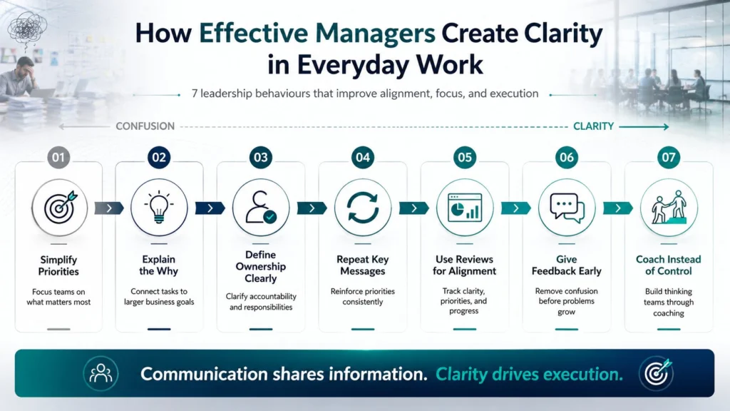 Infographic showing 7 leadership behaviours managers use to create workplace clarity, alignment, focus, communication, accountability, feedback, and execution.