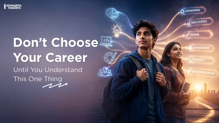 Students exploring career paths with glowing icons for engineering, design, research, and entrepreneurship in a futuristic guidance-themed banner.