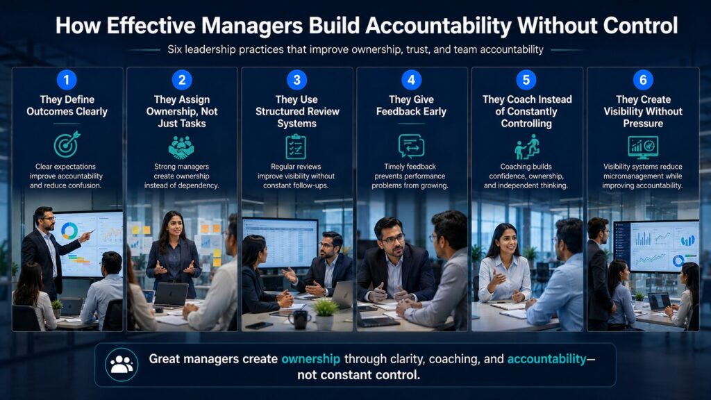 Infographic showing six leadership practices managers use to build accountability without micromanaging teams.
