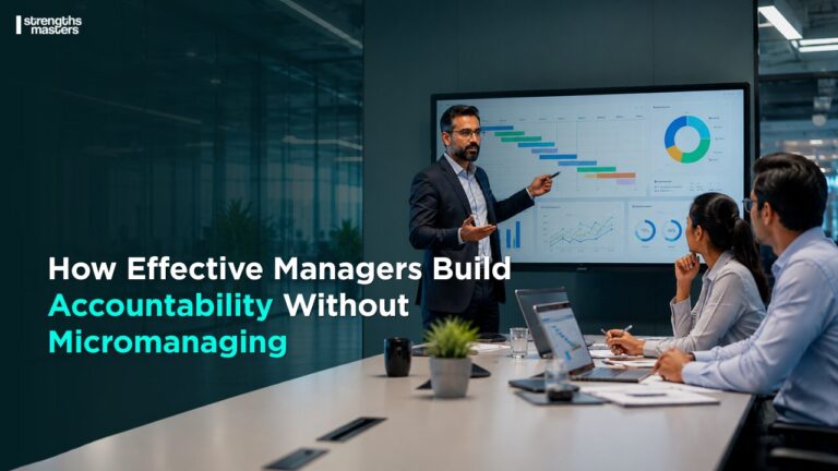 Manager presenting performance dashboards in a meeting room while leading a team with accountability-focused leadership.
