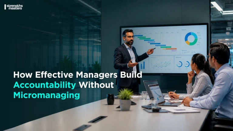 Manager presenting performance dashboards in a meeting room while leading a team with accountability-focused leadership.