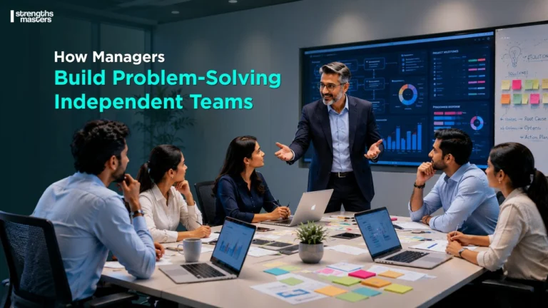 Corporate meeting banner showing a manager guiding employees to build problem-solving and independent team capabilities.