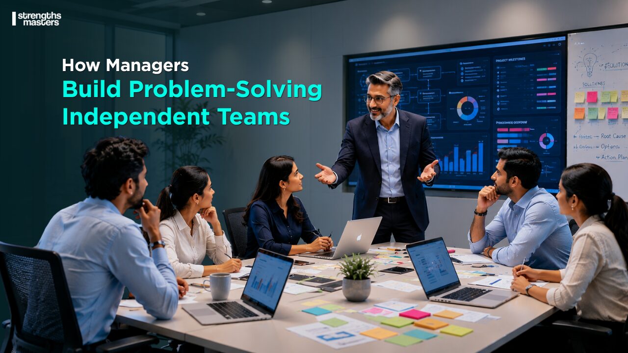Corporate meeting banner showing a manager guiding employees to build problem-solving and independent team capabilities.