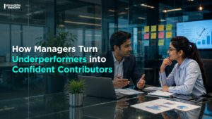Manager coaching an underperforming employee in a one-on-one meeting, showing supportive feedback and performance improvement in a modern corporate office.