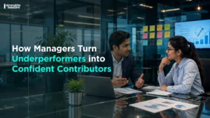 Manager coaching an underperforming employee in a one-on-one meeting, showing supportive feedback and performance improvement in a modern corporate office.