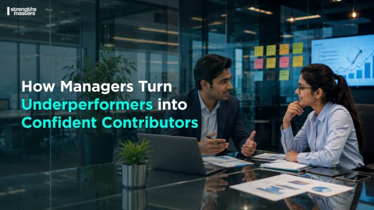 Manager coaching an underperforming employee in a one-on-one meeting, showing supportive feedback and performance improvement in a modern corporate office.