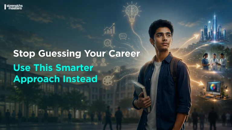 Student exploring career options using strengths-based approach, with visuals of skills, career paths, and future opportunities in a modern, aspirational setting.
