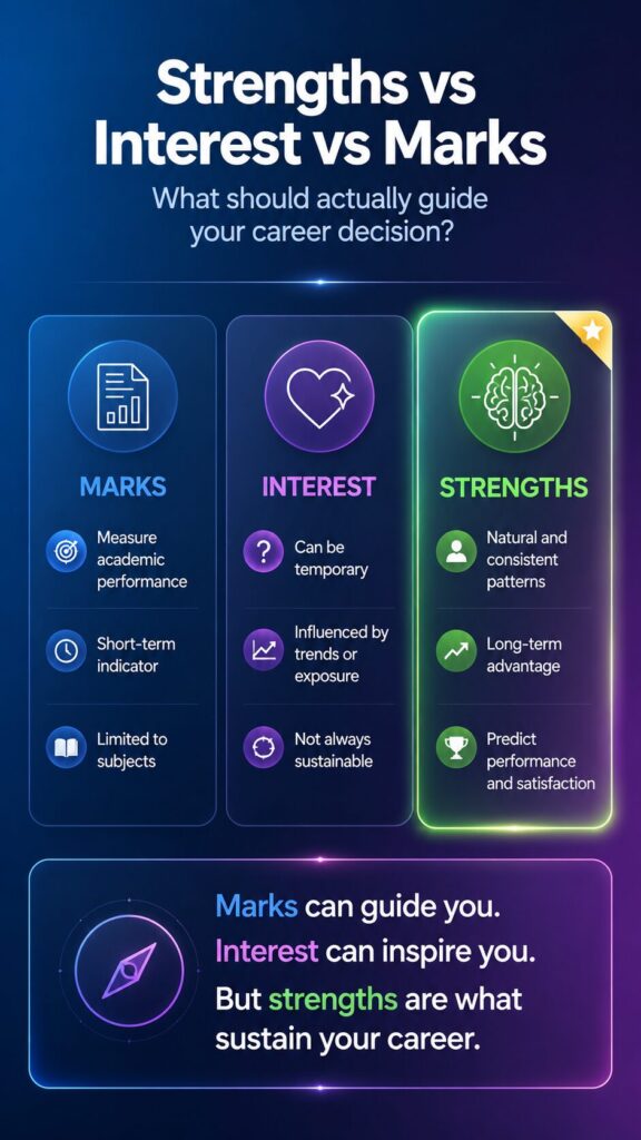Comparison infographic of strengths vs interest vs marks, highlighting why strengths provide long-term career clarity and better decision-making.