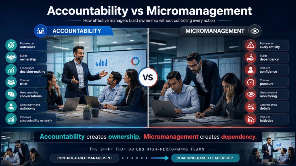 Corporate infographic comparing accountability-based leadership with micromanagement and their impact on team performance.