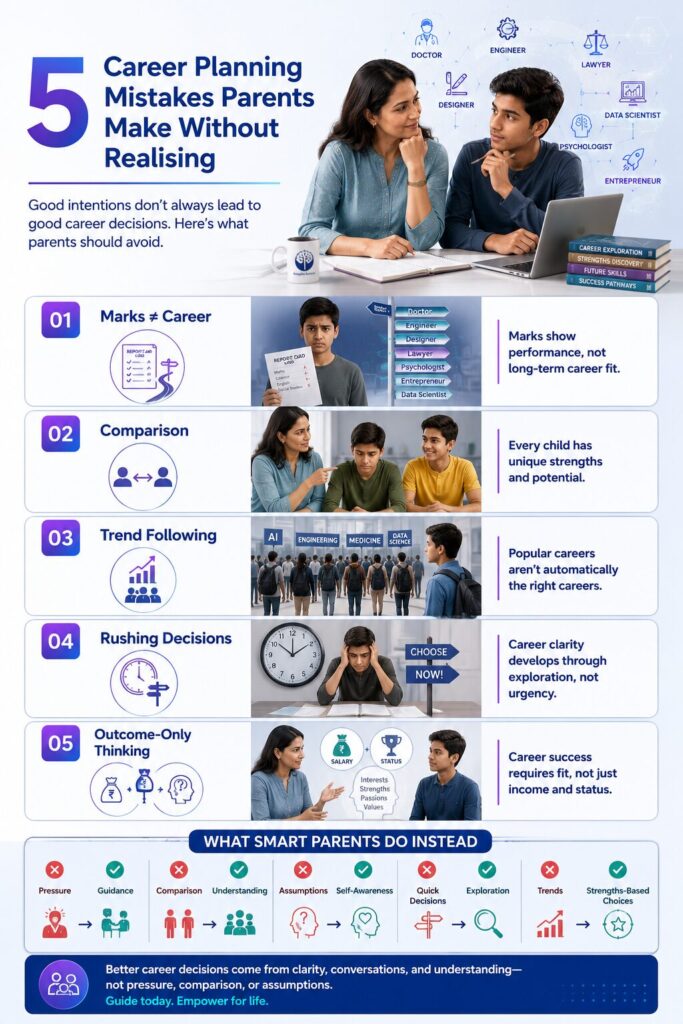 Infographic on 5 career planning mistakes parents make: focusing on marks, comparison, trends, rushed decisions, and outcome-only thinking.