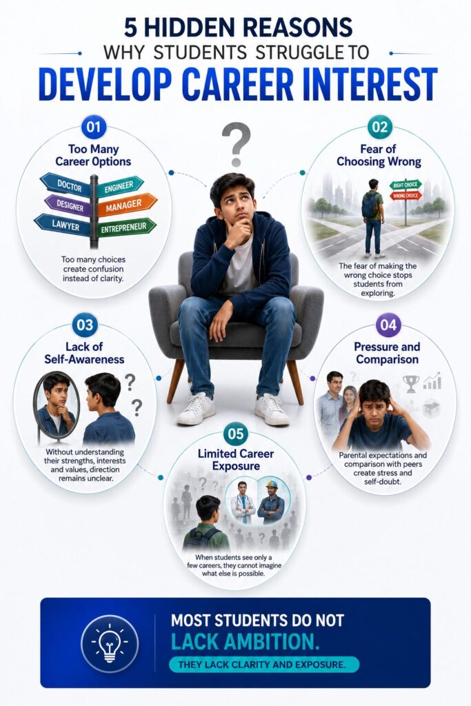 Infographic showing five hidden reasons students struggle to develop career interest, including confusion, fear, pressure, and limited exposure.