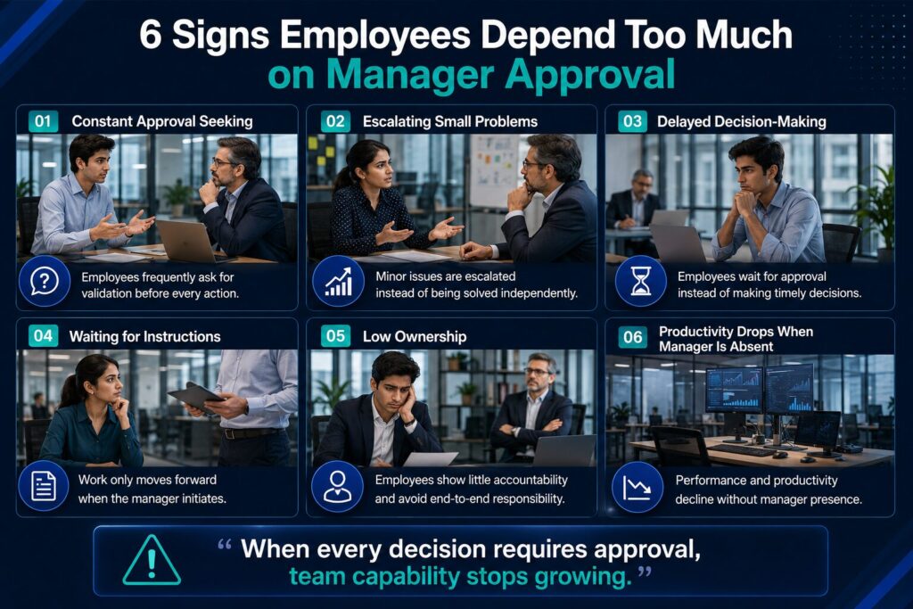 Six signs employees rely too much on manager approval, including constant validation seeking, delayed decisions, low ownership, and dependency.