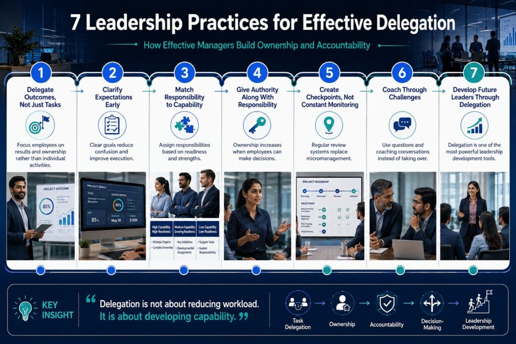 7 leadership practices managers use to delegate effectively, develop employee ownership, improve accountability, and strengthen team performance.