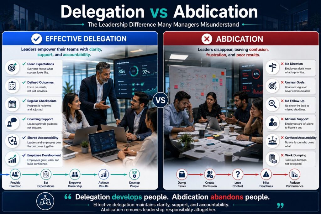 Comparison of effective delegation and abdication, showing how leaders maintain accountability, clarity, and support while empowering teams.