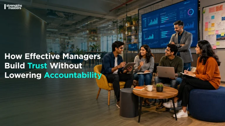 Managers collaborating in a vibrant, modern office lounge, building trust and accountability in an open, creative workspace.