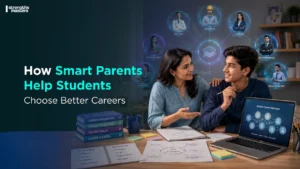 Parent and student discussing career options while exploring future professions and strengths-based career pathways at home.