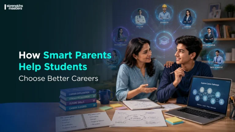 Parent and student discussing career options while exploring future professions and strengths-based career pathways at home.