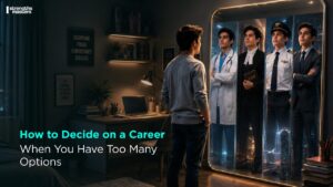 Student in a study room sees himself as a doctor, lawyer, pilot, and entrepreneur in a mirror while exploring future career options.