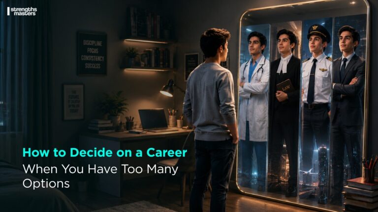 Student in a study room sees himself as a doctor, lawyer, pilot, and entrepreneur in a mirror while exploring future career options.