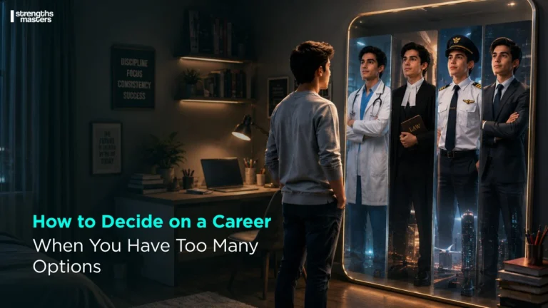 Student in a study room sees himself as a doctor, lawyer, pilot, and entrepreneur in a mirror while exploring future career options.