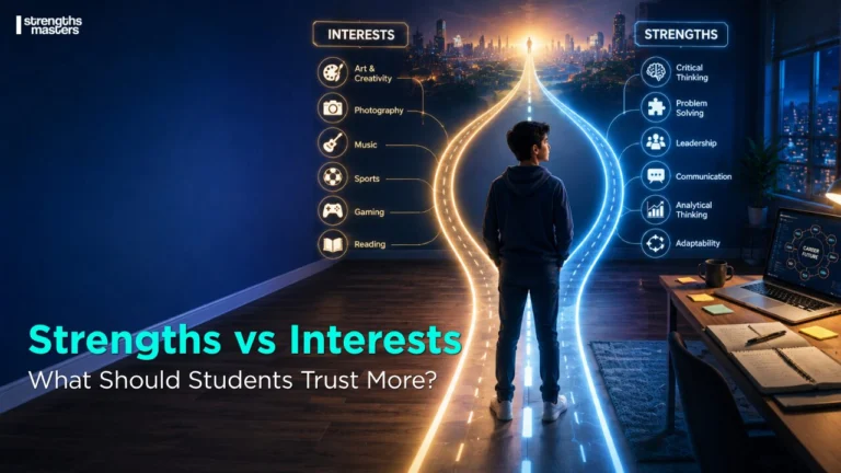 Student compares strengths and interests through two career paths, showing how self-awareness leads to smarter career decisions and future success.