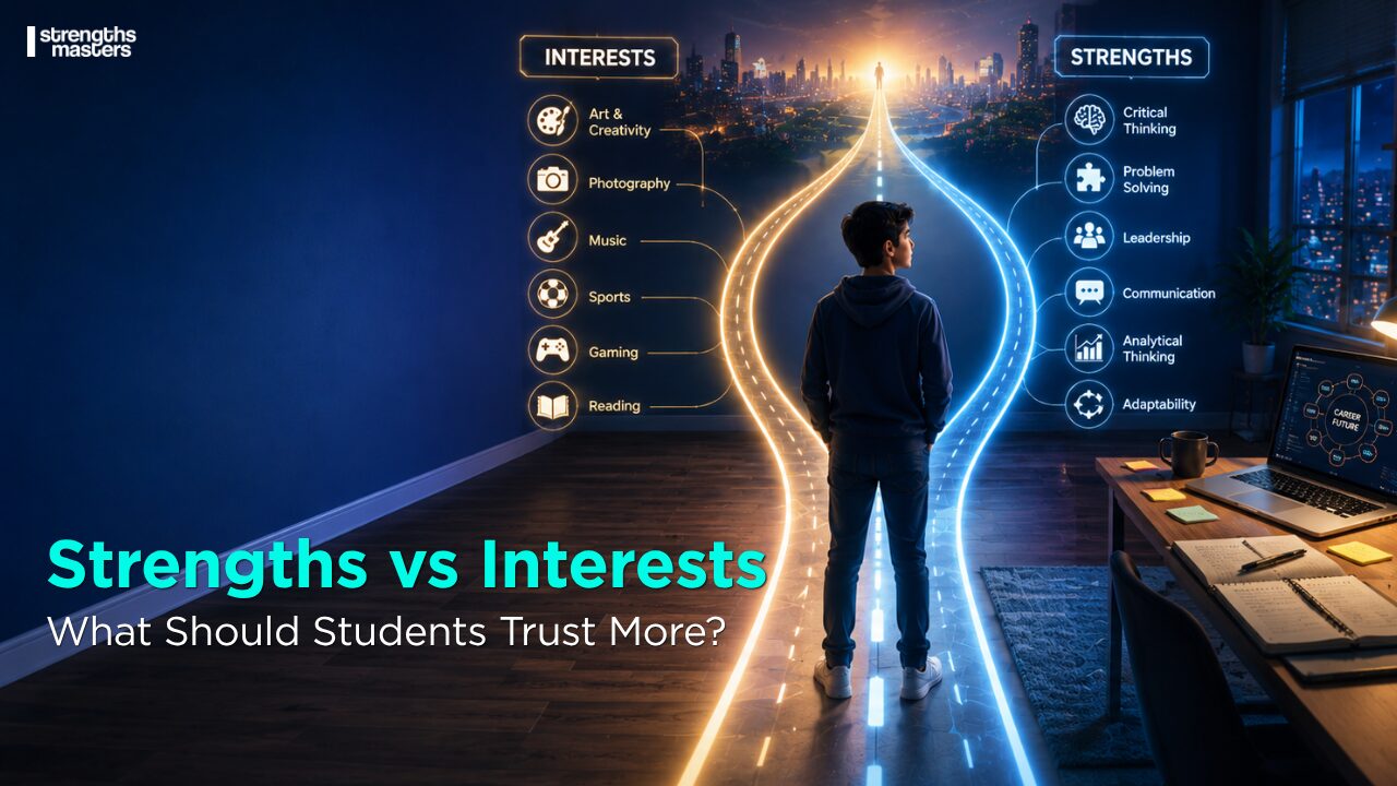 Student compares strengths and interests through two career paths, showing how self-awareness leads to smarter career decisions and future success.