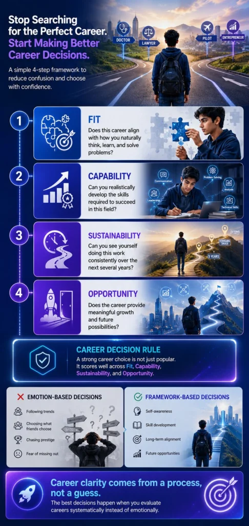Career decision framework infographic showing Fit, Capability, Sustainability, and Opportunity to help students choose careers with clarity.