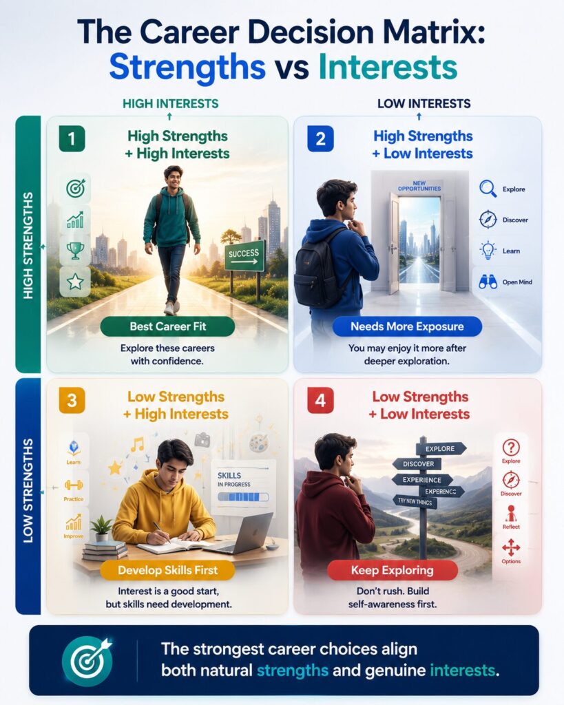 Career decision matrix showing how strengths and interests combine to guide career exploration, skill development, and better career choices.